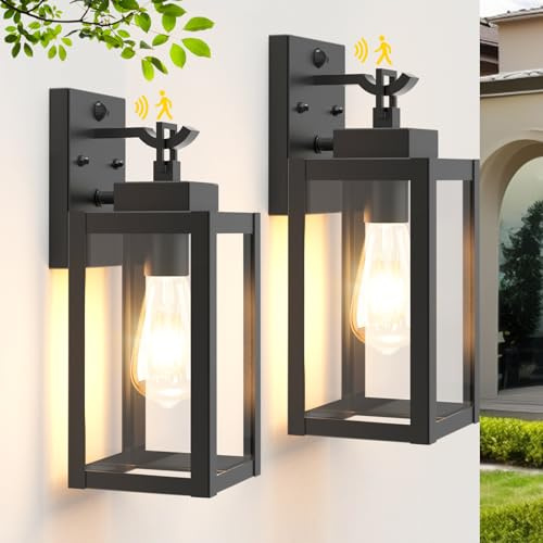Wondlumi 2er Set Aussenlampe mit Bewegungsmelder E27 Glas Schwarz IP44 | Wandleuchte Aussen Klarglas Industrial 3 Modi Metall Wandleuchte 230V Garage Garten Hof Terrasse Haustür ohne Leuchtmittel