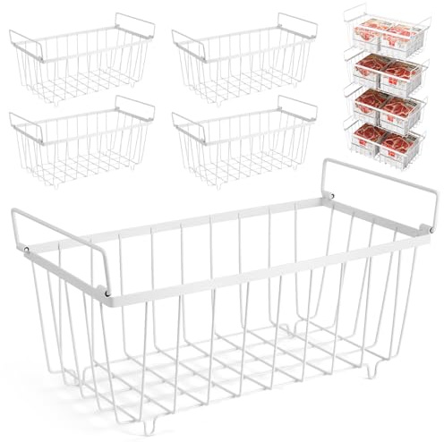 4 Pack Chest Freezer Baskets - Stackable Freezer Organiser for 198L Chest, Storage Basket Pantry with Handles for Kitchen Cabinets Pantry, Sort Frozen Foods and Save Space, Easy to Get Items, White