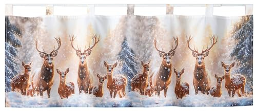 heimtexland Scheibengardine Weihnachten Fensterdeko Rehe im Schnee Weihnachtsgardine Bedruckt Deko Gardine Blickdicht 45x120 mit Schlaufen Winter Deko Typ651