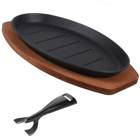 jojofuny Plaque à Steak en Fonte 30 Cm avec Base en Bois et Fourchette, Revêtement Antiadhésif, Cuisson Uniforme, Cuisine Barbecue et Table Gourmande, Plateau de Service Complet