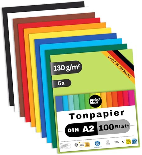 perfect ideaz - Tonpapier DIN A2 – 500 Blatt, 10 kräftige Farben, 130 g/m², voll durchgefärbt & lichtbeständig, Blauer Engel zertifiziert, Made in Germany – Bastelkarton (5 x 100 Blatt)