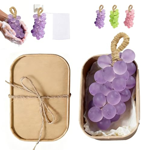 Grape Soap on a Rope, 2026 Handcrafted Crystal Grapes Soaps, Lasting Fragrance DIY Soap on a Rope, Home Decor and Gift Choice for Women Men Exquisite Box with Storage Bag (Purple)