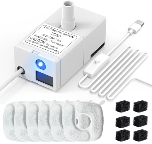 Cat Water Fountain Pump for Veken 50oz, 95oz Fountain, Ultra Quiet Pump with USB Cable, LED Light and 6 Packs Pet Fountain Filters