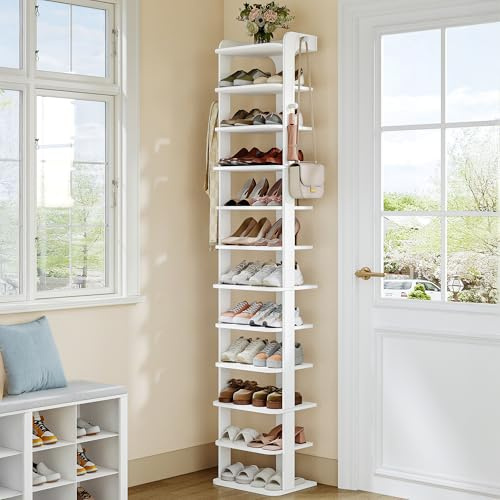 Hzuaneri Schuhregal, 12 Ebenen, Platzsparend, mit Haken, 40B cm, Weiß | Holz-Schuh-Organizer, VerstellbarGeeignet für Eingang, Flur, Wohnzimmer, SR22203X