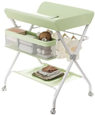 Bañera Cambiador Bebé 2 en 1, 0-12M (máx. 11 kg), Plegado y Fácil Almacenamiento, Estructura de Acero Reforzado - Altura Ajustable En 4 Niveles, con Cesto Lateral y Ruedas para Fácil Movilidad, Verde