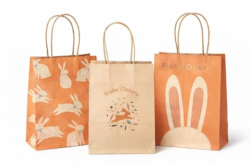 Geschenktüten Ostern 5er Set - 3 Designs, stabile Papiertüten für kleine & mittelgroße Ostergeschenke – wiederverwendbare Geschenkverpackung aus Kraftpapier, mit Henkel, braun, für Familie & Freunde