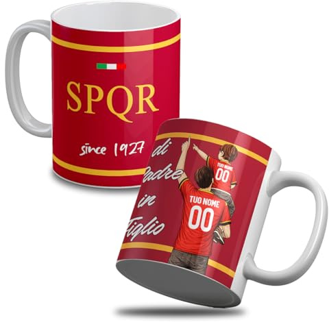 quickgadget Tazza per tifoso Roma Personalizzata Padre e Figlio Figlia in Ceramica – Regalo Tifoso Giallorosso con Nome e Numero – Idea Regalo Festa del Papà, Compleanno, Natale