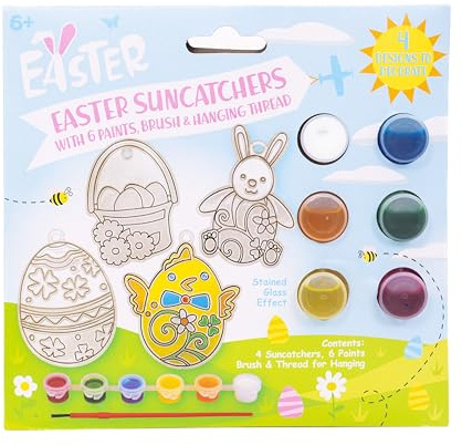 evelay Easter Paint Your Own Suncatcher Set with 6 Paints, Brush & Hanging Thread, 4 Designs to Decorate, Stained Glass Effect, Ages 6+