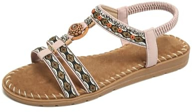 Nuoke sandalias mujer comodas,sandalia plana negra mujer, planas con tiras en T y cuentas para, con piedras preciosas de colores y elástico Zapatos Vestir (Pink, 42)