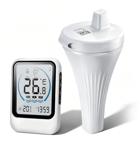 Digital pooltermometer med IP68 vattentät, 100 m räckvidd, trådlös pooltermometer set för pool, bubbelpool och damm, flytande vattentermometer med LCD-basstation, vit