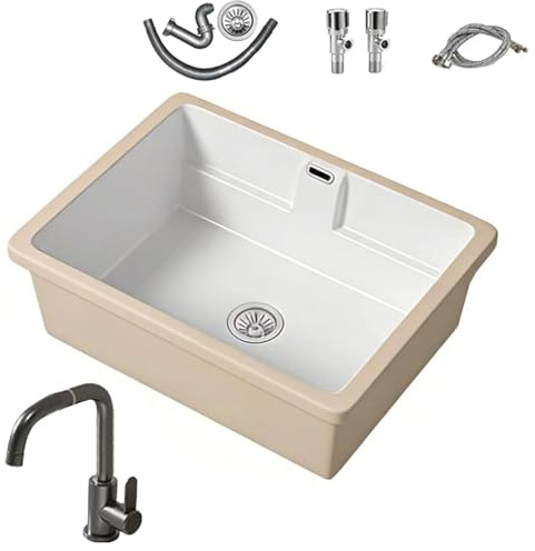 Lavatoio Ceramica per Lavare in Legno Rimovibile, lavabo da incasso per balcone con Lavare in Legno Rimovibile, Lavabo sottopiano in ceramica per Mobili Bagno e Lavanderie(500mm/16.7in)