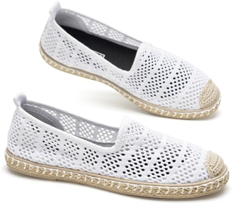 GLAMORA Alpargatas Mujer Caladas Slip On Punto Transpirable Zapato Plano Ligero Flexible Suela Goma Efecto Esparto Crochet Puntera Cerrada Comodo Verano Sin Cordones