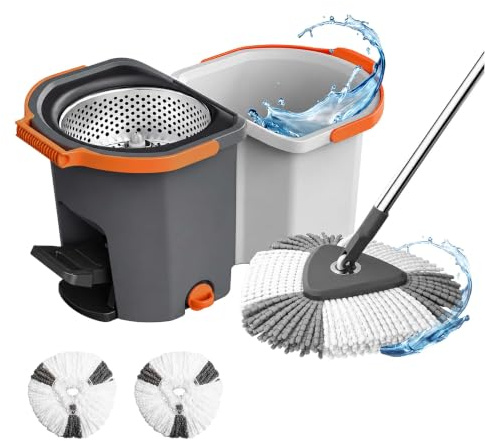 Relaxdays moppset, 14,5 l hink & centrifug, stapelbar, pedal, grå | HBT: 27x30x54,5 cm, 2x mikrofibermoppskallar