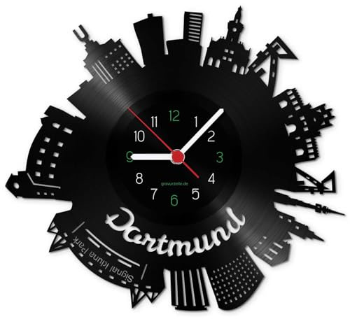 GRAVURZEILE Schallplattenuhr - Skyline Dortmund 2017 - Wanduhr aus gegossenem Vinyl mit Stadt Skyline - 30 cm - Upcycling Designer Uhr - Moderne Wanduhr im Retro Vintage Style - Made in Germany