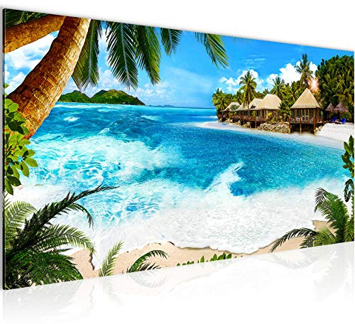 Runa Art Wandbild Karibik Insel 1 Teilig 100 x 40 cm Modern Bild auf Vlies Leinwand Strand Wasser Wohnzimmer Schlafzimmer Blau 003312b