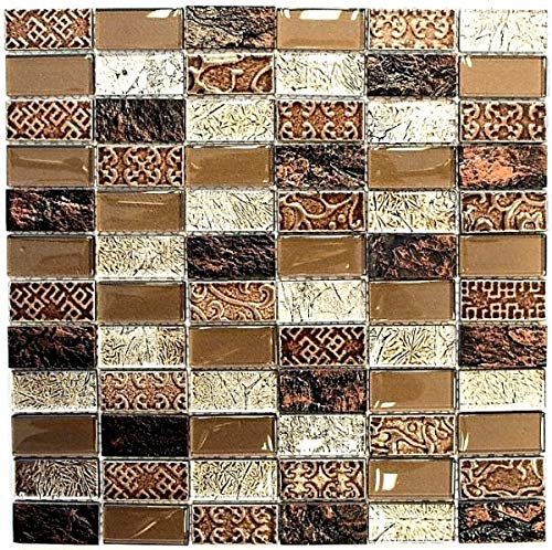 Rem rektangel mosaikplattor glasmosaik sten retro brun brons beige struktur väggbeklädnad badrum WC – MOS83-CRS6