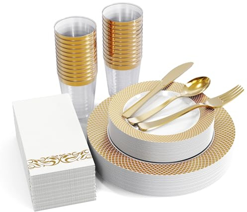 FOCUSLINE 175 Count Gold Dinnerware Set for 25 Guests - Disposable Plastic Plates with Gold Grid, Includes 25 Dinner & Salad Plates, Cups, Napkins, Cutlery Set for Wedding Parties