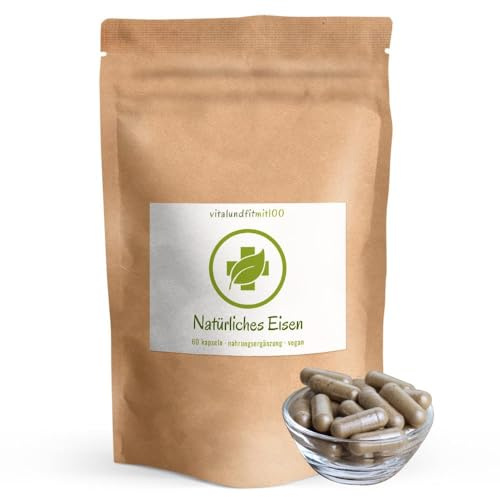 vitalundfitmit100 Natürliches Eisen aus Currybaumblättern, 60 Kapseln à 600 mg, vegan