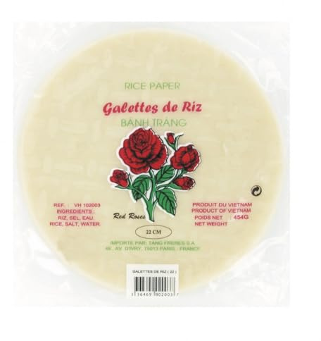 Feuilles de riz/Galettes de riz rondes vietnamiennes Banh Trang - Nems et rouleaux de printemps - Diamètre 22CM - Marque Red Roses - 454G (44 Sachets)