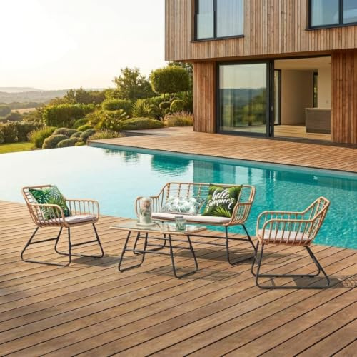 Salon de Jardin Extérieur 4 Personnes - Résine Tressée Rotin et Acier Noir - Mobilier Canapé, Fauteuils, Table Verre - Imperméable, Balcon & Terrasse