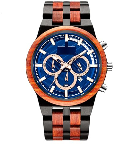 RORIOS Herren-Holzuhr, leuchtende Uhren, analog, Quarzuhr, Multifunktions-Armbanduhren, Naturholzuhren für Herren, blau, Armband