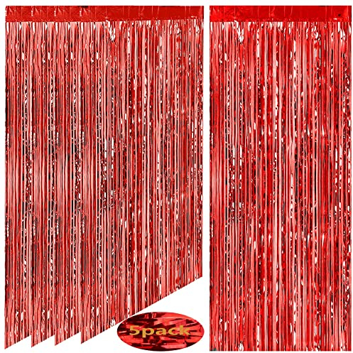 AIBAOBAO 5 Pcs 2026 Red Tinsel Curtain Foil Curtain, Metallic Tinsel Glitter Christmas Door Streamers Photo Backdrop for Wall,Window, Wedding Bridal BabyShower Decoration Banner for School Office Xmas