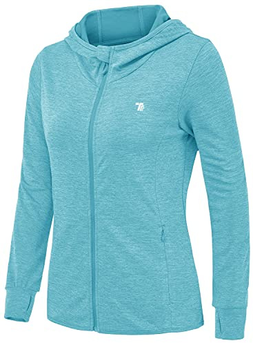 donhobo Women's Running Jackets with Thumb Hole,Gym Hoodie Top LightBlue S