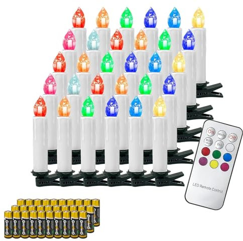 Gotoll 30er LED Weihnachtskerzen mit Fernbedienung und Batterien，RGB Bunt Christbaumkerzen Kabellos Kerzen Timer Kerzenlichter IP44 Wasserdicht,Dimmbar Flackernde für Weihnachtsbaum Weihnachtsdeko