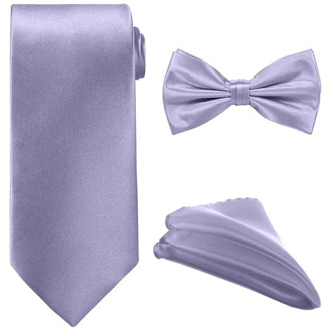 WedDecor Lilac Purple Men's Satin Necktie, Pre-tied Bow Tie & Pocket Square Set