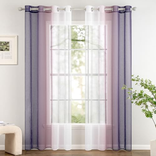 Woaboy Voile Vorhang Zweifarbiger Vorhang mit Ösen 140x245 cm Lila | 2er Set Transparente Gardine Ösenschal Dekoschal Fensterschal Lichtdurchlässig für Schlafzimmer und Wohnzimmer