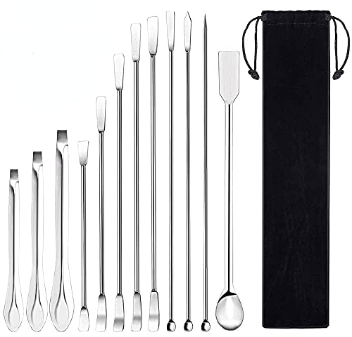 12 cucharas de laboratorio de acero inoxidable, espátulas de laboratorio, cucharas mezcladoras de varios tamaños, con bolsa de almacenamiento