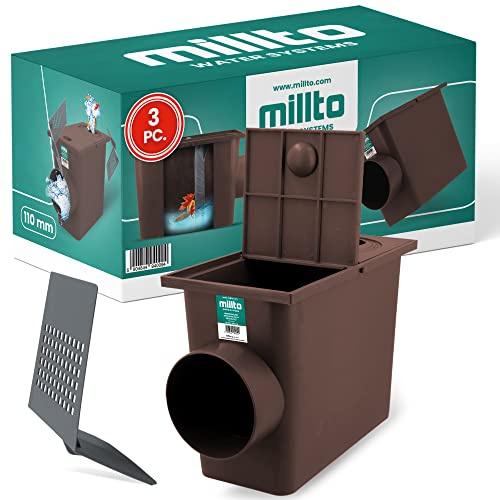 Millto 3X Regensinkkasten mit Sieb 110mm Regenwasserablauf Dachrinnenablauf Hofablauf Entwässerung Abflusstrichter Gully Siphon Gechteckiger Kontrollschacht Rückstauverschluß Geruchsklappe