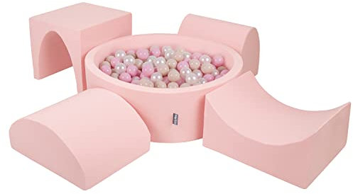 KiddyMoon Foam Playground For Kids With Round Ballpit (300 Balls ∅ 7Cm/2.75In) Soft Obstacles Course And Ball Pool, Made In The EU, Pink:Pastel Beige/Powder Pink/Pearl