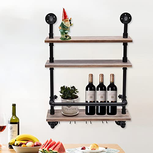 Industrial Pipe Regal Wandmontage Weinregal, 3-Tier Echtes Holz Weinregal Lagerung Tassenhalter, Retro Bar Regale Wandregal Rohr schwimmende Regale für Küche Bar Restaurant（61x89x20cm） (61cm)