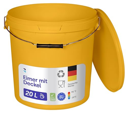 BenBow - Eimer mit Deckel gelb 5X 20 Liter - lebensmittelecht stabil luftdicht auslaufsicher geruchsneutral - Aufbewahrungsbehälter aus Kunststoff - Metalgriff - Rissfester Griff, leer - zur Hause