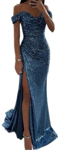 Tomwell Damen Pailletten Abendkleid Sexy Schulterfrei Hohe Taille Seitenschlitz Lang Kleid Maxikleid Elegant V-Ausschnitt Cocktailkleid Ballkleider A Blau S
