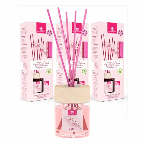 Cristalinas 35ml Cherry Blossom Air Fresheners for Home - Reed Diffusers for home - Home Fragrance Lasts upto 8 weeks - Room Diffuser Sticks with Coloured Fragrance Oil - Pack of 3