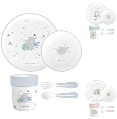 Kikkaboo Kindergeschirr Set Savanna 5-teilig Tiermotiv, Schale, Teller, Besteck hellblau