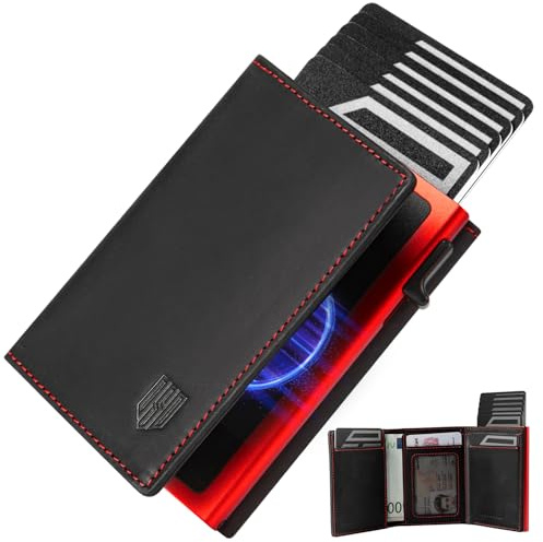 DODENSHA MagSnap Portafoglio da uomo sottile con scomparto per monete, portafogli da uomo per 10 carte di credito, chiusura magnetica, portamonete, protezione RFID (Nero/Rosso)