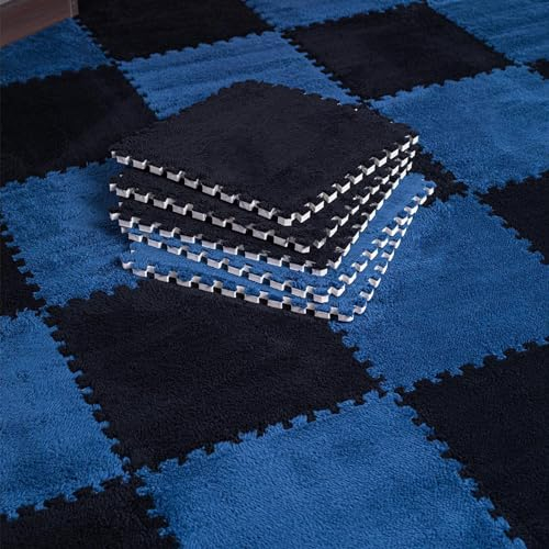 LULUMAIC 48-teilige Puzzle-Spielmatte, Teppichfliesen, ineinandergreifende Schaumstofffliesen, Plüschboden-Spielmatte, Salon, 11,8 x 11,8 Zoll (Marineblau + Schwarz 0,23 Zoll)