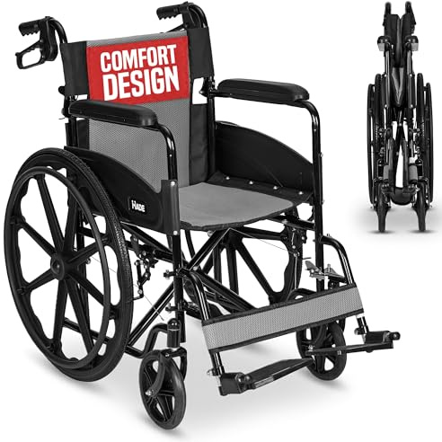 Lightweight Folding Wheelchair - Travel Friendly Foldable Self Propelled Transit Wheel Chair - Adjustable Footrests, Lock Lever Brakes, Dual Parking Brakes - Grey, Standard 18 Seat