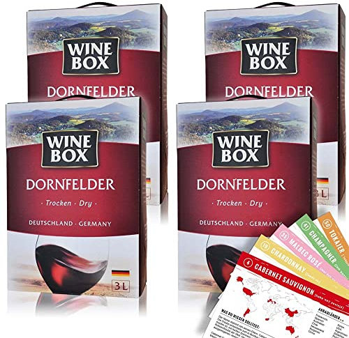 Wine Box Dornfelder, trocken, Bag-in-Box, sortenreines Weinpaket + VINOX Winecards (4x3,0l)