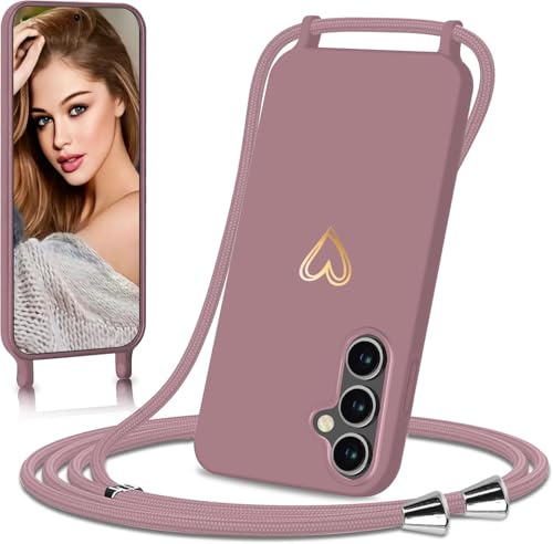 Eherui handyband für Samsung Galaxy A16 4G/5G Hülle mit Band,Design Gold Herz,Dünn Stoßfeste SchutzHülle,mit Abnehmbar Kordel zum Umhängen Liquid Silikon Case Handyhülle für Samsung A16,Rosa