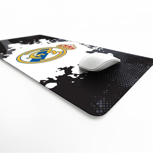 Licensed Décor Real Madrid Schreibtischunterlage - Vollwappen auf Farbspritzer - Schwarz und Grau - 43 x 90 cm