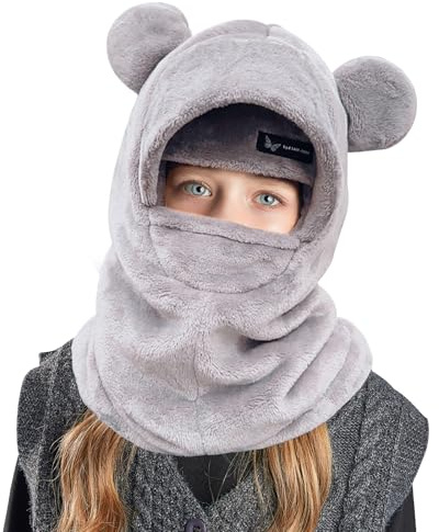 TAGVO Barn balaklava vinter multifunktionell vindtät varm fleece skidmask cykling ansiktsmask, stormmask, mössa med halsvärmare för pojkar flickor 3–8 år, GRÅ, one size