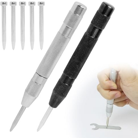 FunWorth Körner, 2 Stück Automatik Körner Metall, 130mm Automatischer Körner Werkzeug mit 5 Ersatzspitzen, Ideal für Metall, Holz, Glas und Dünne Stahlbleche – Hochwertiges Werkzeug