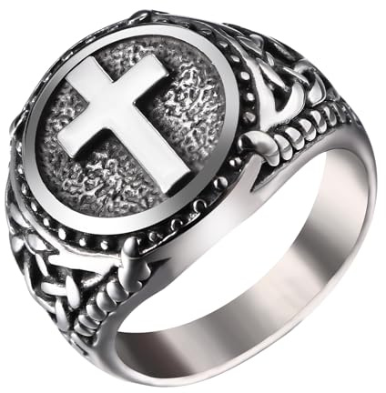 Flongo Bague Homme Croix Celtique : Bague Siglée Noire Crucifix Celtique Bague Empreinte Amulette Religieuse Chrétienne Bnading Acier Inoxydable Vintage Punk Biker Cadeau Fête des Pères Taille de