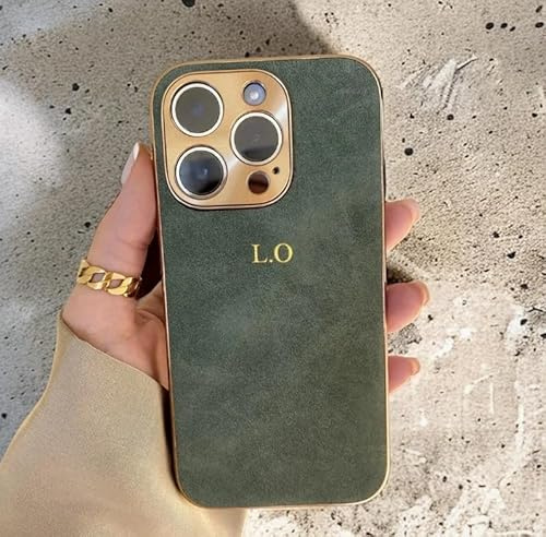 Vniqloo Personalisierte Wildleder-Handyhülle, kompatibel mit iPhone 16, 15, 14, 13, 12, 11 Pro Max, individuelle Initialen, Monogramm-Gravur, kratzfest, stoßfest, mehrfarbig