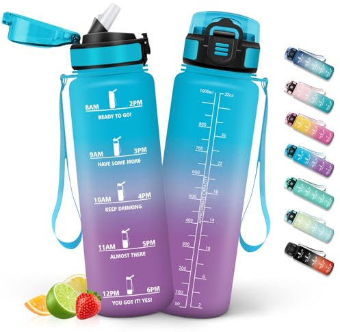 HoneyHolly Borraccia Palestra 1 Litro con Orari per Bere, Borraccia Motivazionale senza BPA, Borracce con Cannuccia, Bottiglia Acqua per Ufficio, Trekking