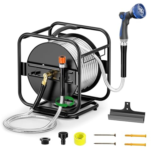SPECILITE Heavy Duty Metal Garden Hose Reel with 30m 304 Stainless Steel Hose Pipe & Spray Nozzle, 360°Rotation Frame,Wall Mounted/Floor Standing, Ideal for Garden/Courtyard Cleaning and Watering